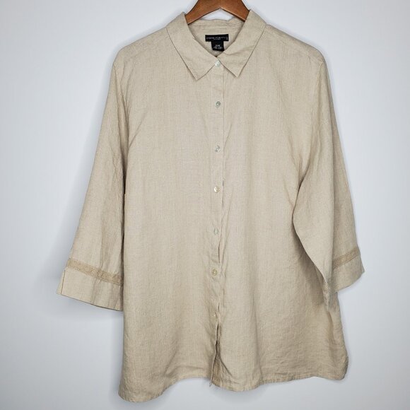 Statements Womens 100% Linen Tan Button Front Blouse Size 20W Minimalist Modest - Picture 1 of 8